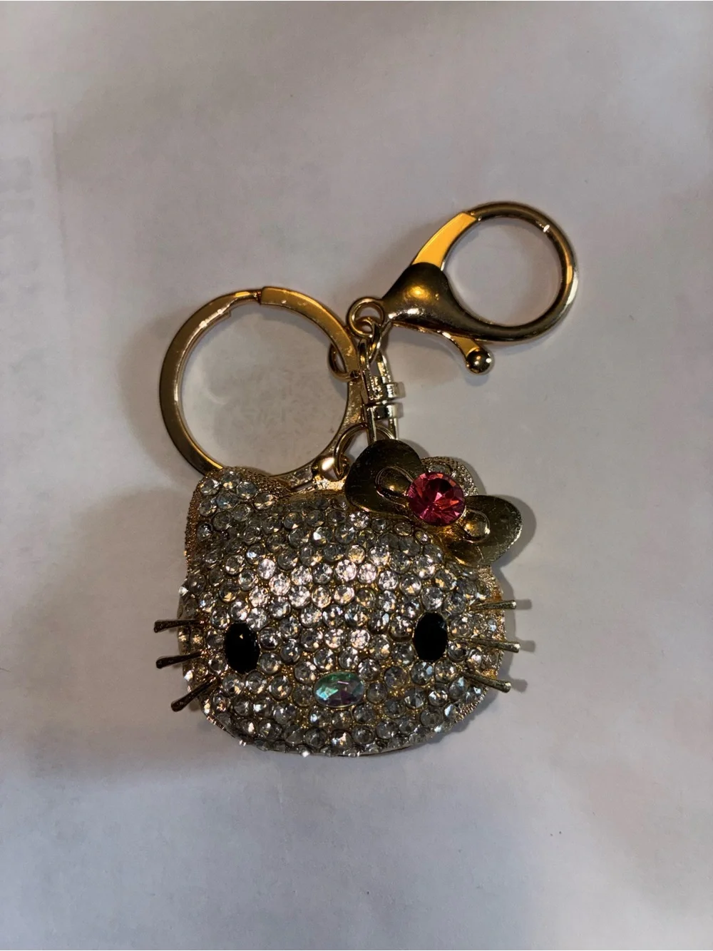 Sparkling Cat Face Keychain with Bow - Gold & Clear Rhinestones